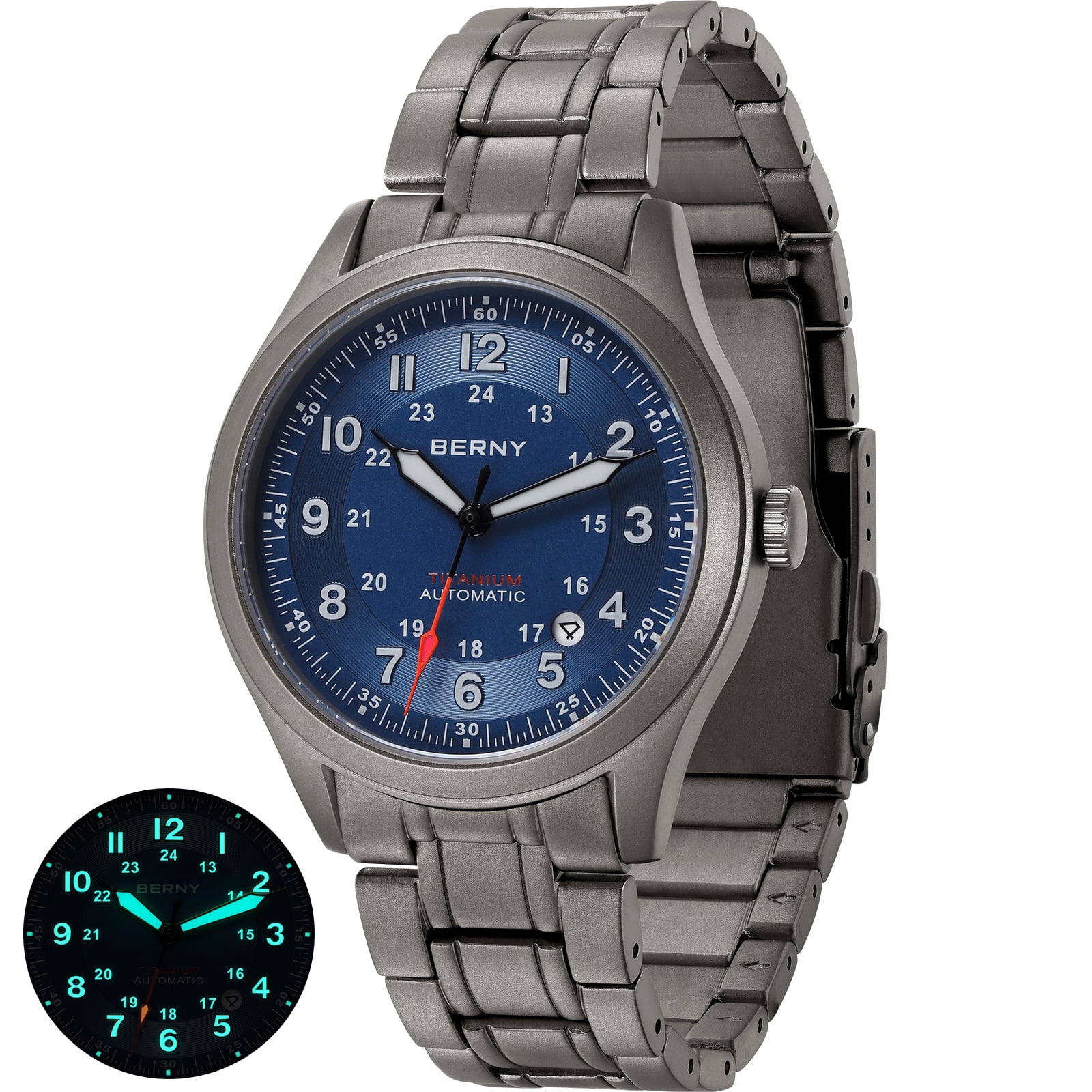 BERNY Automatic Watches for Men Military Sport Titanium Field Watch with Date Sapphire Crystal Luminous Fashion Analog Mechanical Watch 100M Waterproof Army Tactical Casual Wristwatch (Blue)