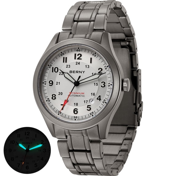 BERNY Automatic Watches for Men Military Sport Titanium Field Watch with Date Sapphire Crystal Luminous Fashion Analog Mechanical Watch 100M Waterproof Army Tactical Casual Wristwatch (White)