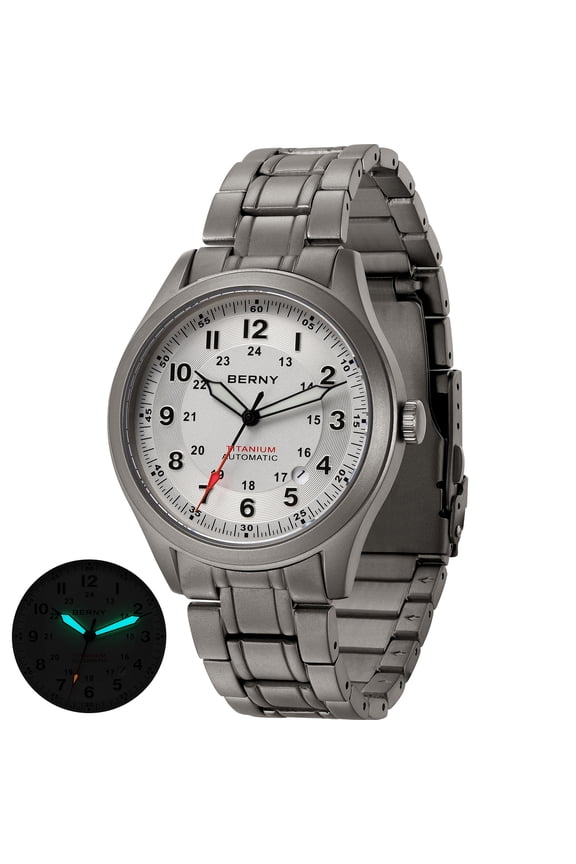 Automatic Watches for Men Military Sport Titanium Field Watch with Date Sapphire Crystal Luminous Fashion Analog Mechanical Watch 100M Waterproof Army Tactical Casual Wristwatch (White)