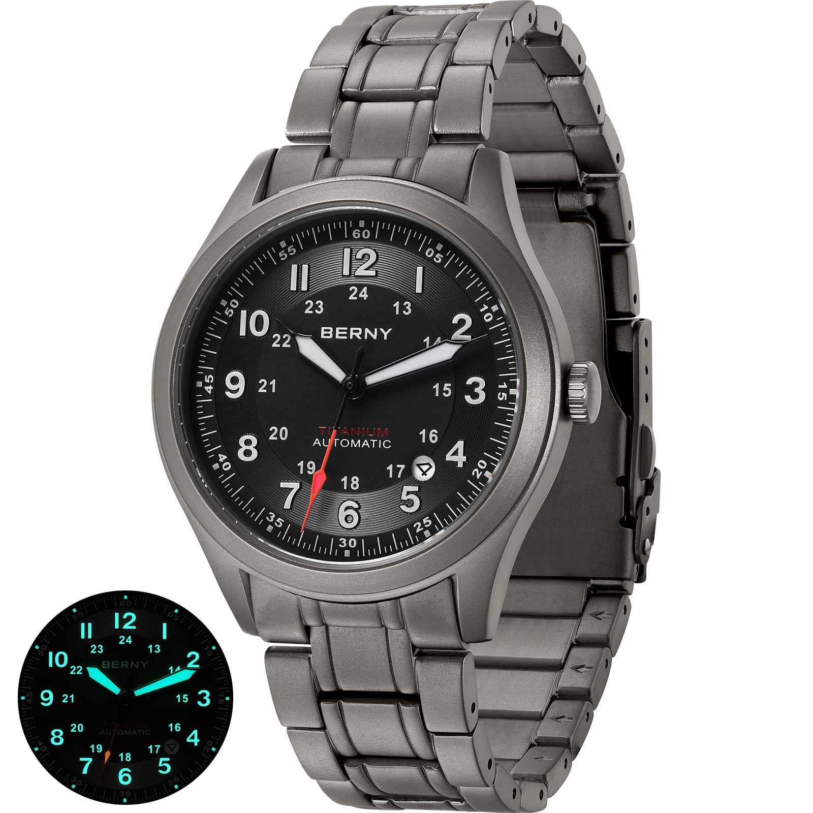 BERNY Automatic Watches for Men Military Sport Titanium Field Watch with Date Sapphire Crystal Luminous Fashion Analog Mechanical Watch 100M Waterproof Army Tactical Casual Wristwatch (Black)