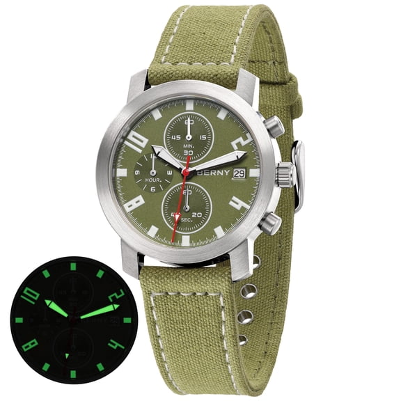 BERNY Chronograph Watch for Men, Casual Wristwatch with Canvas Strap, Date, Sapphire Crystal, Super Luminous, 5ATM Water Resistance, Green