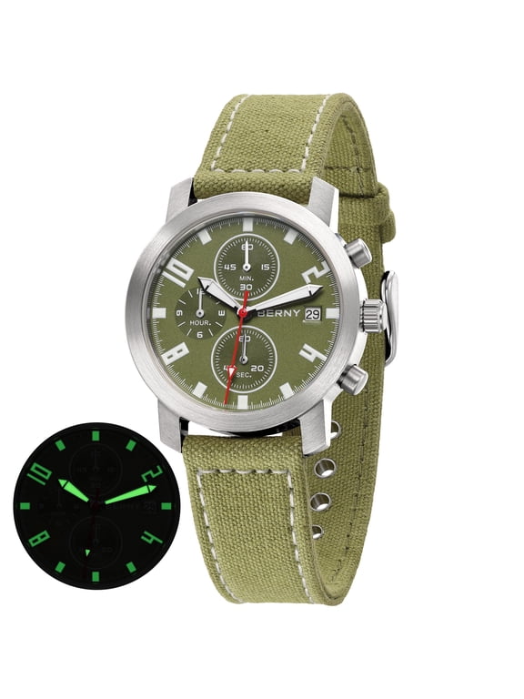 Chronograph Watch for Men, Casual Wristwatch with Canvas Strap, Date, Sapphire Crystal, Super Luminous, 5ATM Water Resistance, Green