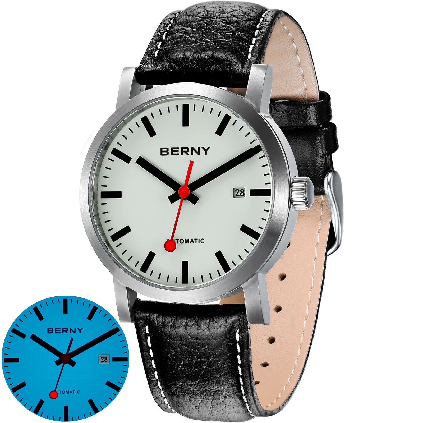 BERNY Automatic Watches for Men, Luxury Self Winding Mechanical Dress Leather Watch with Date, Sapphire Crystal, Luminous, Stainless Steel, 50M Waterproof, Minimalist Mens Watches (White)