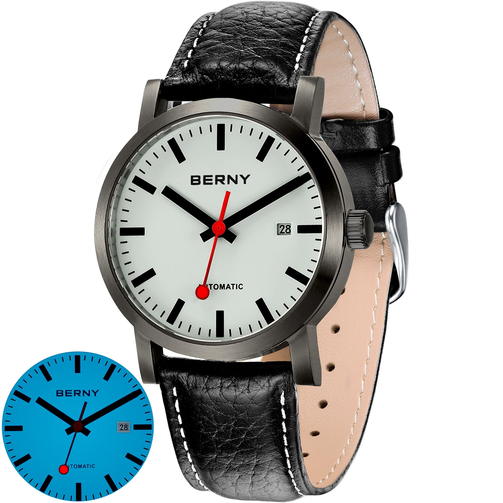 BERNY Automatic Watches for Men, Luxury Self Winding Mechanical Dress Leather Watch with Date, Sapphire Crystal, Luminous, Stainless Steel, 50M Waterproof, Minimalist Mens Watches (Black)