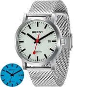 BERNY Automatic Watches for Men, Luxury Self Winding Mechanical Dress Watch with Date, Sapphire Crystal, Luminous, Stainless Steel, 50M Waterproof, Minimalist Mens Watches White