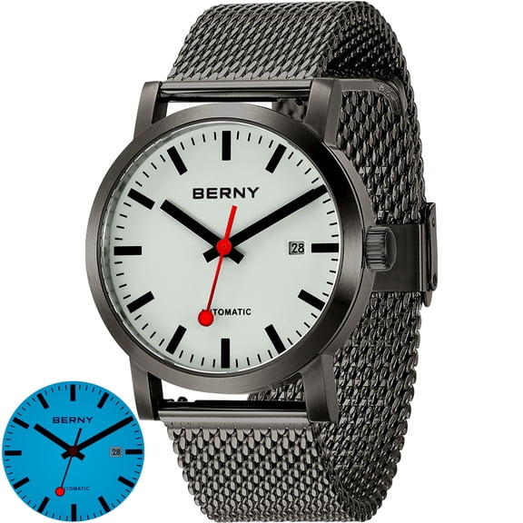 BERNY Automatic Watches for Men, Luxury Self Winding Mechanical Dress Watch with Date, Sapphire Crystal, Luminous, Stainless Steel, 50M Waterproof, Minimalist Mens Watches (Black)