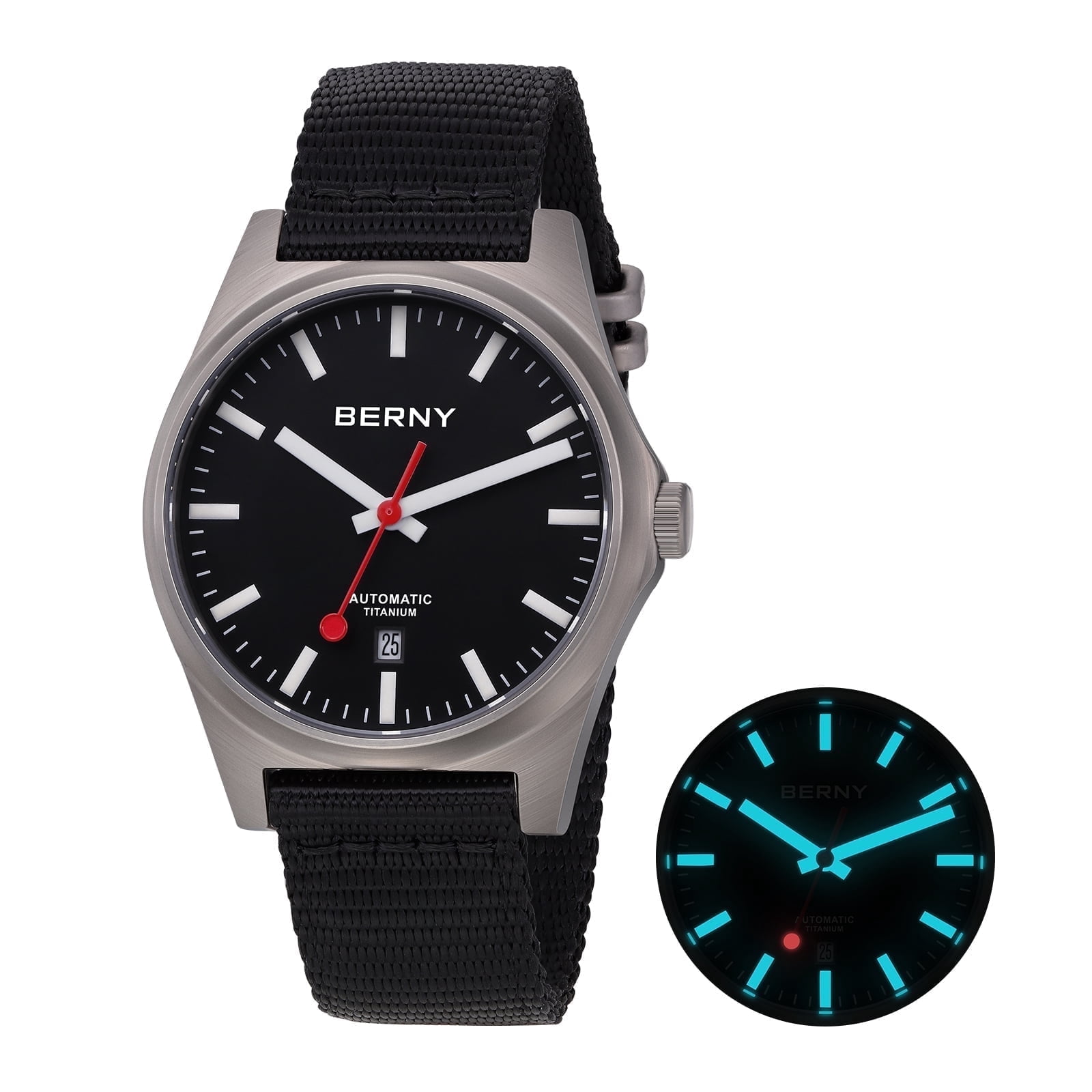 BERNY Automatic Titanium Watches for Men, Sport Casual 10ATM Waterproof Analog Mechanical Watch with Date, Nylon Strap, Super Luminous, Sapphire Crystal, Fashion Minimalist Wrist Watch (Black)