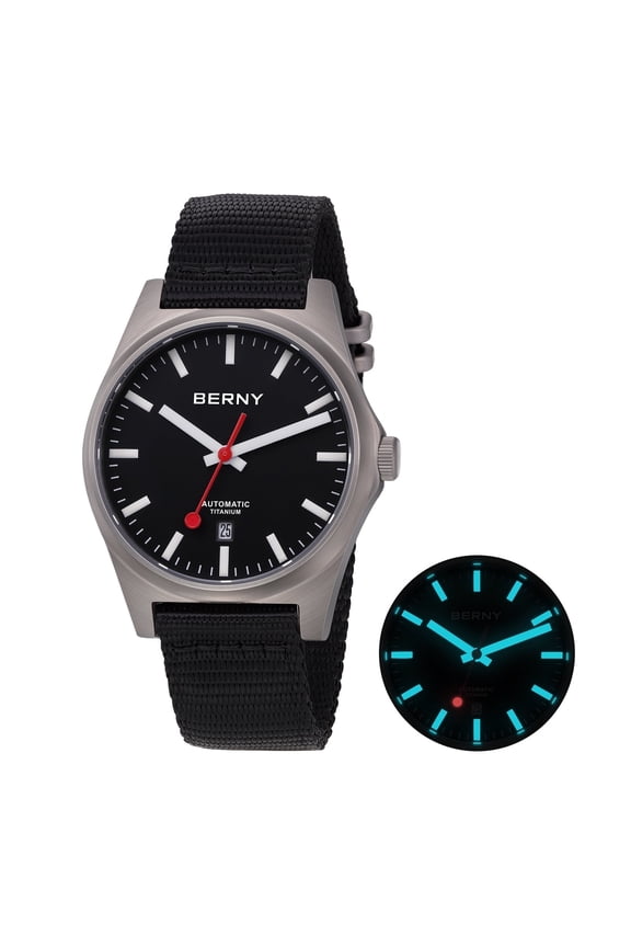 Automatic Titanium Watches for Men, Sport Casual 10ATM Waterproof Analog Mechanical Watch with Date, Nylon Strap, Super Luminous, Sapphire Crystal, Fashion Minimalist Wrist Watch (Black)
