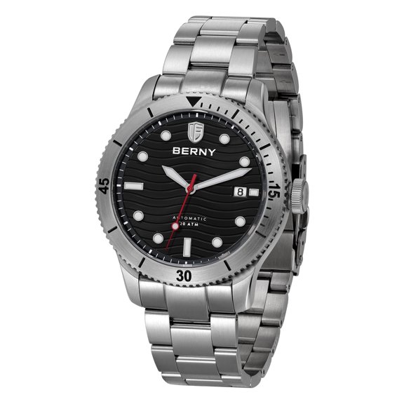 BERNY Dive Watches for Men, 20ATM Waterproof Stainless Steel Automatic Dive Watch, Super Luminous, Date Calendar, Sapphire Crystal, Men's Analog Mechanical Wristwatch (Black)