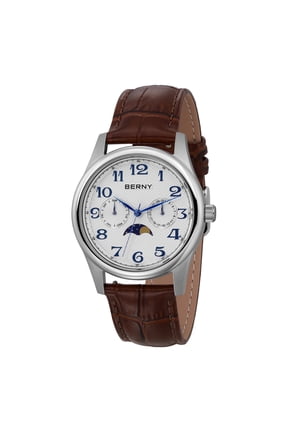 Dress Watches for Men, MultiFunction Leather Watch with Moon Phase, Day & Date Calendar, Stainless Steel Case, Easy to Read, Waterproof, Classic Analog Quartz Wrist Watch (White)