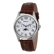 BERNY Dress Watches for Men, MultiFunction Leather Watch with Moon Phase, Day & Date Calendar, Stainless Steel Case, Easy to Read, Waterproof, Classic Analog Quartz Wrist Watch White