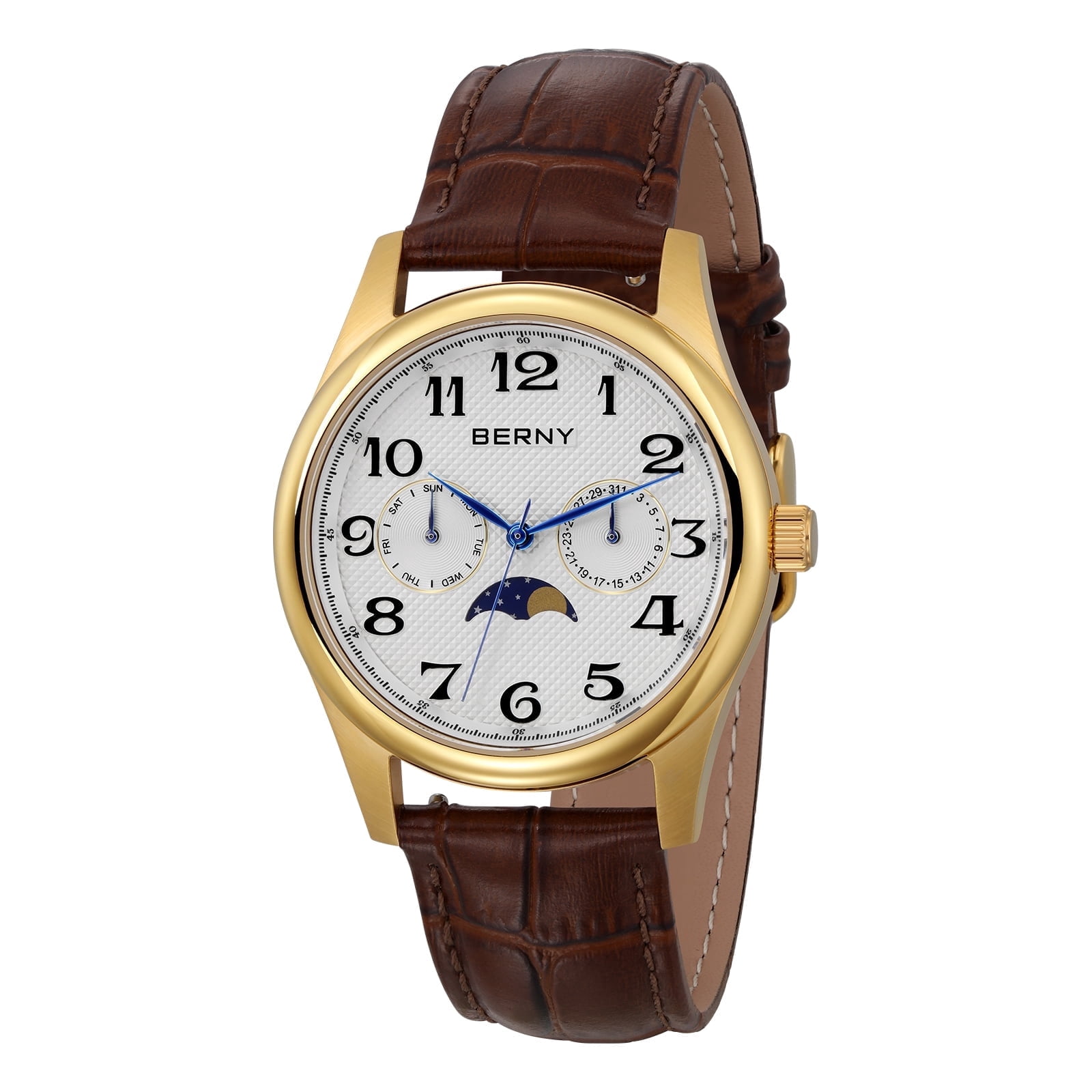 BERNY Dress Watches for Men, MultiFunction Leather Watch with Moon Phase, Day & Date Calendar, Stainless Steel Case, Easy to Read, Waterproof, Classic Analog Quartz Wrist Watch (Gold)