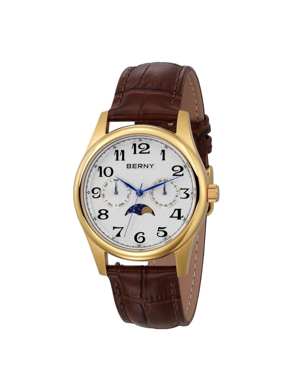 Dress Watches for Men, MultiFunction Leather Watch with Moon Phase, Day & Date Calendar, Stainless Steel Case, Easy to Read, Waterproof, Classic Analog Quartz Wrist Watch (Gold)