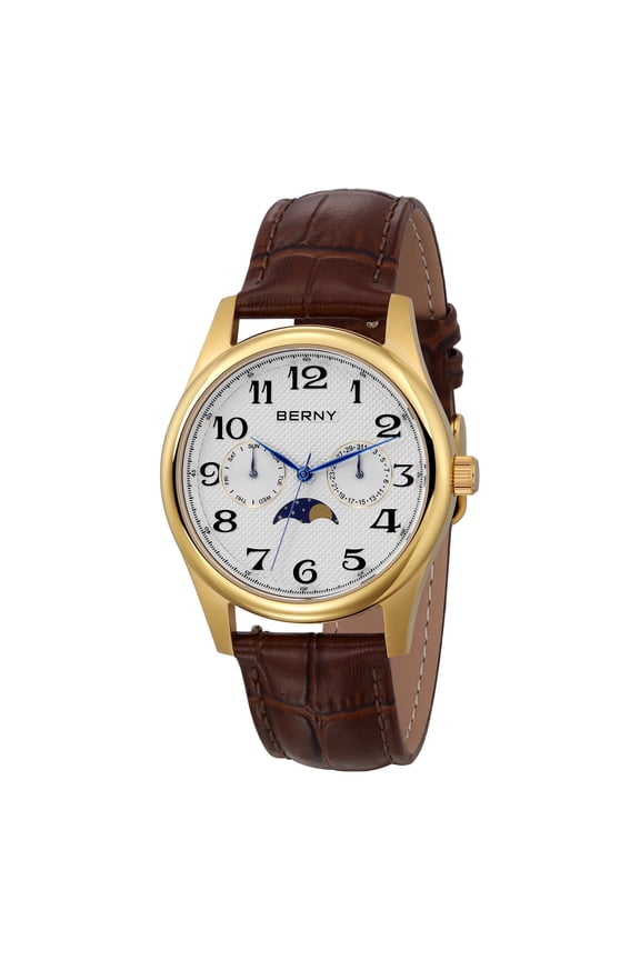 Dress Watches for Men, MultiFunction Leather Watch with Moon Phase, Day & Date Calendar, Stainless Steel Case, Easy to Read, Waterproof, Classic Analog Quartz Wrist Watch (Gold)