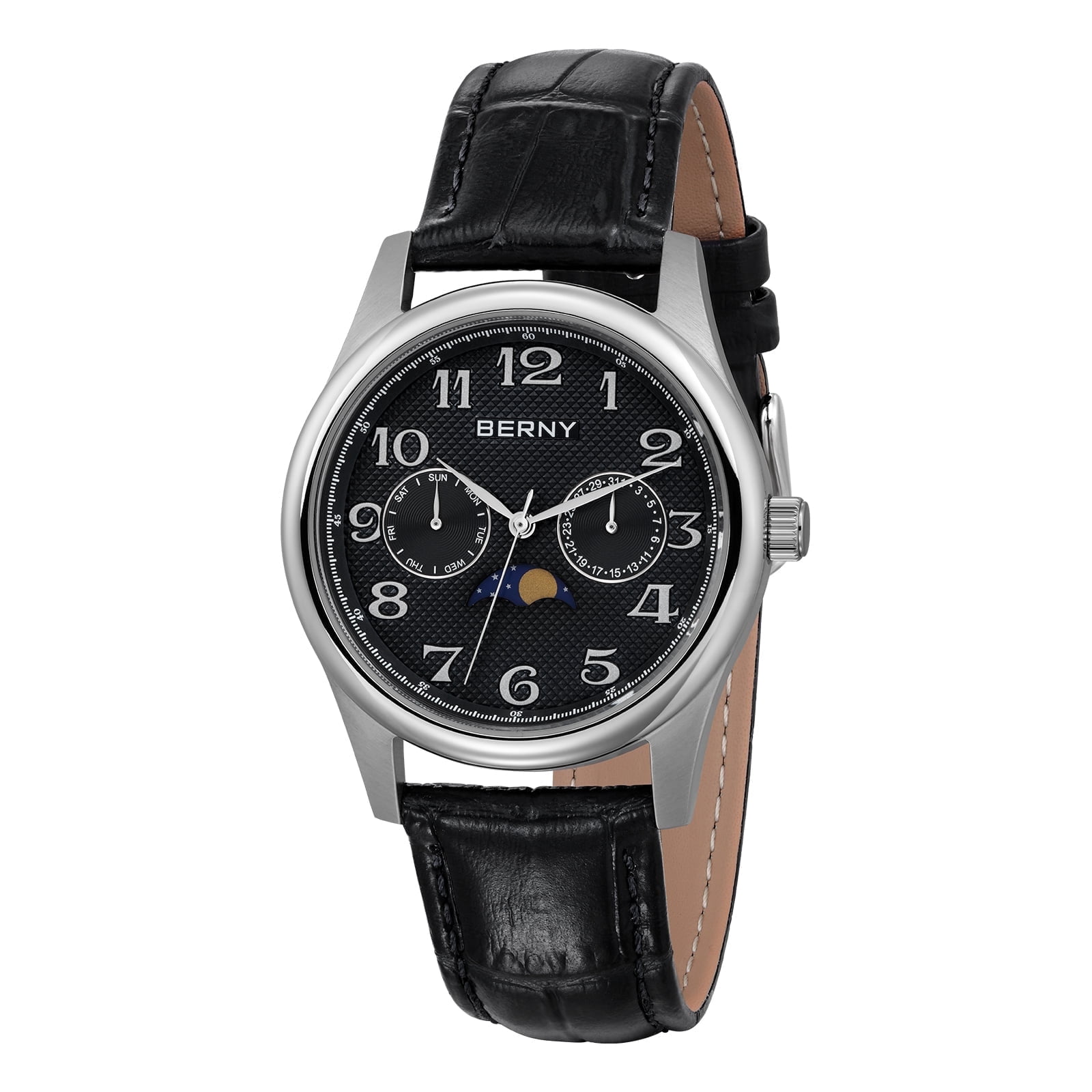 BERNY Dress Watches for Men, MultiFunction Leather Watch with Moon Phase, Day & Date Calendar, Stainless Steel Case, Easy to Read, Waterproof, Classic Analog Quartz Wrist Watch (Black)