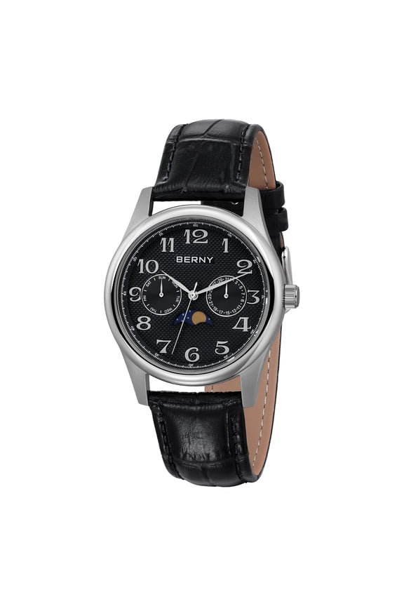 Dress Watches for Men, MultiFunction Leather Watch with Moon Phase, Day & Date Calendar, Stainless Steel Case, Easy to Read, Waterproof, Classic Analog Quartz Wrist Watch (Black)