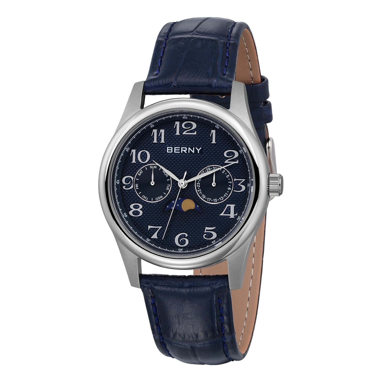 BERNY Dress Watches for Men, MultiFunction Leather Watch with Moon Phase, Day & Date Calendar, Stainless Steel Case, Easy to Read, Waterproof, Classic Analog Quartz Wrist Watch (Blue)