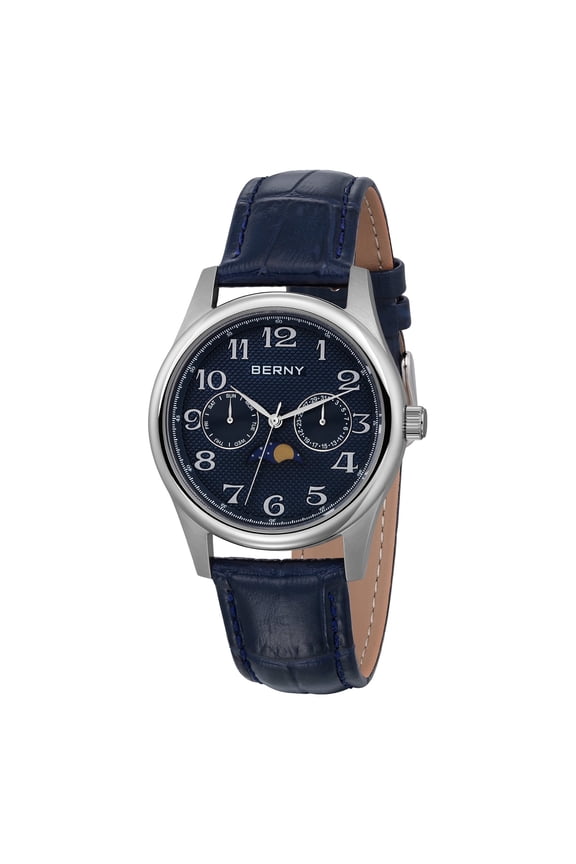 Dress Watches for Men, MultiFunction Leather Watch with Moon Phase, Day & Date Calendar, Stainless Steel Case, Easy to Read, Waterproof, Classic Analog Quartz Wrist Watch (Blue)