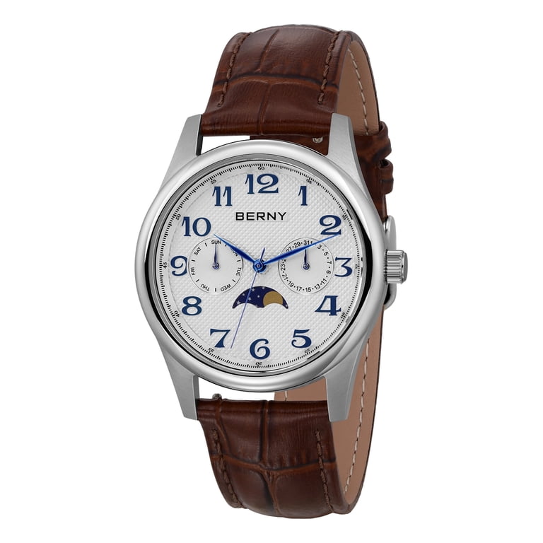 BERNY Dress Watches for Men, MultiFunction Leather Watch with Moon Phase,  Day Date Calendar, Stainless Steel Case, Easy to Read, Waterproof, Classic  ...