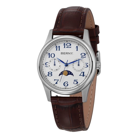 BERNY Dress Watches for Women, MultiFunction Leather Watch with Moon Phase, Day & Date Calendar, Stainless Steel Case, Easy to Read, Waterproof, Ladies Analog Quartz Wrist Watch (White)