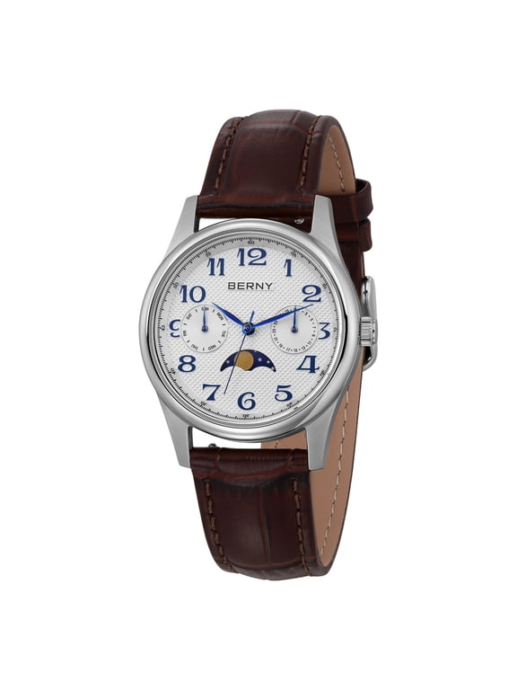 Dress Watches for Women, MultiFunction Leather Watch with Moon Phase, Day & Date Calendar, Stainless Steel Case, Easy to Read, Waterproof, Ladies Analog Quartz Wrist Watch (White)