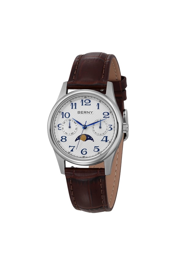 Dress Watches for Women, MultiFunction Leather Watch with Moon Phase, Day Date Calendar, Stainless Steel Case, Easy to Read, Waterproof, Ladies Analog Quartz Wrist Watch (White)