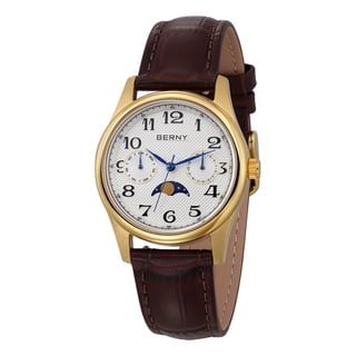 BERNY Dress Watches for Women, MultiFunction Leather Watch with Moon Phase, Day & Date Calendar, Stainless Steel Case, Easy to Read, Waterproof, Ladies Analog Quartz Wrist Watch (Gold)