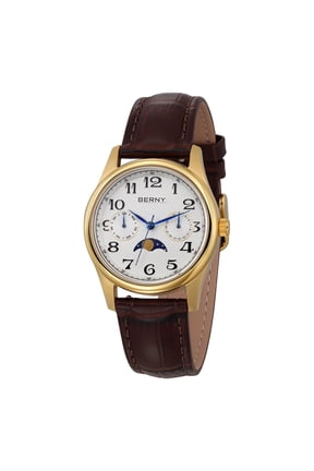 Dress Watches for Women, MultiFunction Leather Watch with Moon Phase, Day & Date Calendar, Stainless Steel Case, Easy to Read, Waterproof, Ladies Analog Quartz Wrist Watch (Gold)