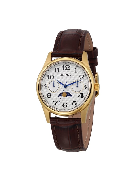 Dress Watches for Women, MultiFunction Leather Watch with Moon Phase, Day & Date Calendar, Stainless Steel Case, Easy to Read, Waterproof, Ladies Analog Quartz Wrist Watch (Gold)
