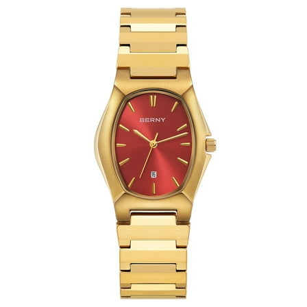 BERNY Gold Quartz Watch for Men Luxury Classic 3ATM Waterproof Wrist Watches with Stainless Steel Oval Case and Band-Birthday Gifts Present-Sunray Red Dial