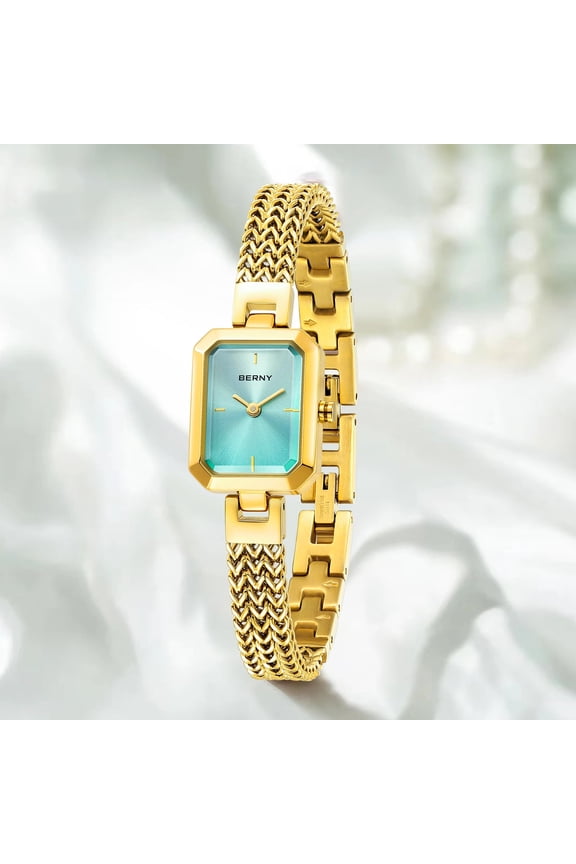 Gold Watches for Women, Small Dressy Ladies Watches with Stainless Steel Detachable Bracelet, Rectangular Case, Beveled Glass, Quartz Movement, Minimalist Women Wristwatch, Mint Green