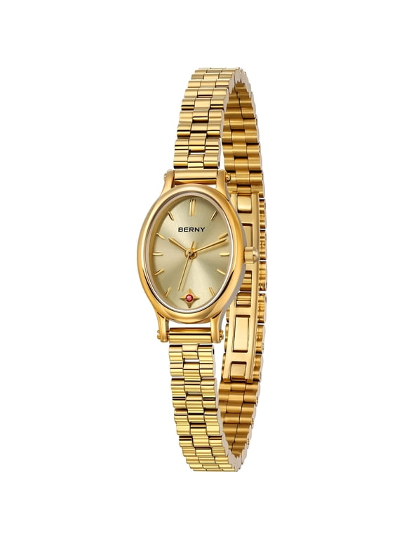 Small Gold Watches for Women, Dainty Luxury Oval Sunray Dial, Stainless Steel Bracelet Watch, Adjustment Tool Included, Waterproof, Fashion Ladies Analog Quartz Wrist Watch Gifts (Gold)
