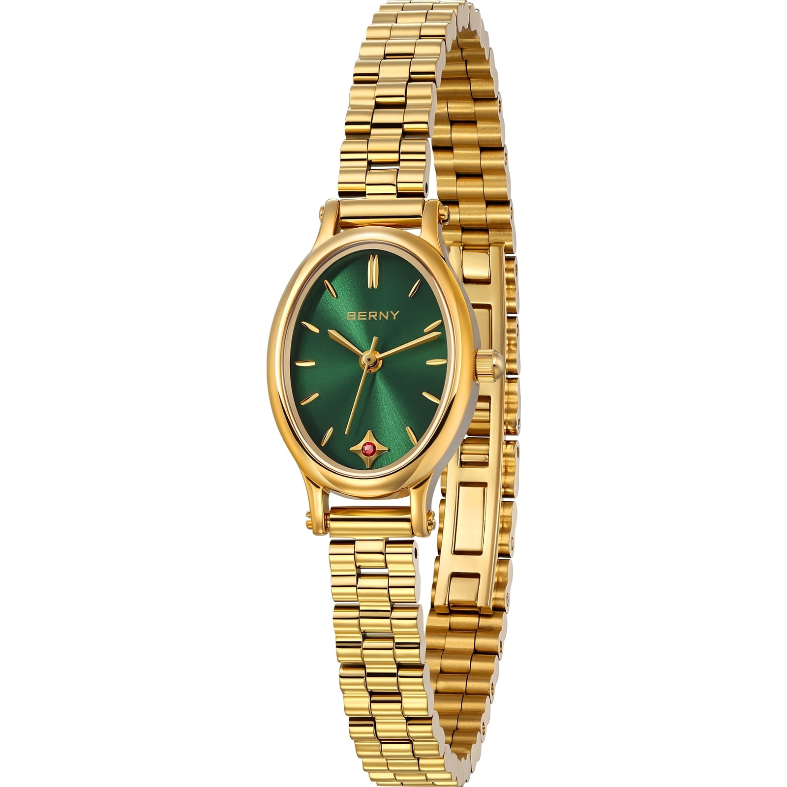BERNY Small Gold Watches for Women, Dainty Luxury Oval Sunray Dial, Stainless Steel Bracelet Watch, Adjustment Tool Included, Waterproof, Fashion Ladies Analog Quartz Wrist Watch Gifts (Green)