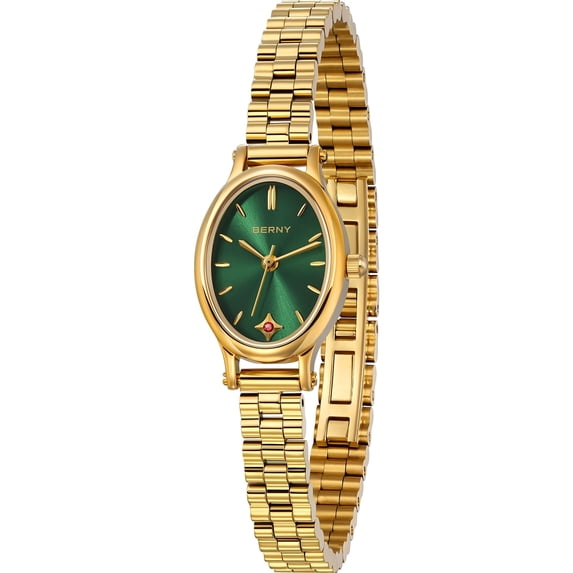 BERNY Small Gold Watches for Women, Dainty Luxury Oval Sunray Dial, Stainless Steel Bracelet Watch, Adjustment Tool Included, Waterproof, Fashion Ladies Analog Quartz Wrist Watch Gifts (Green)