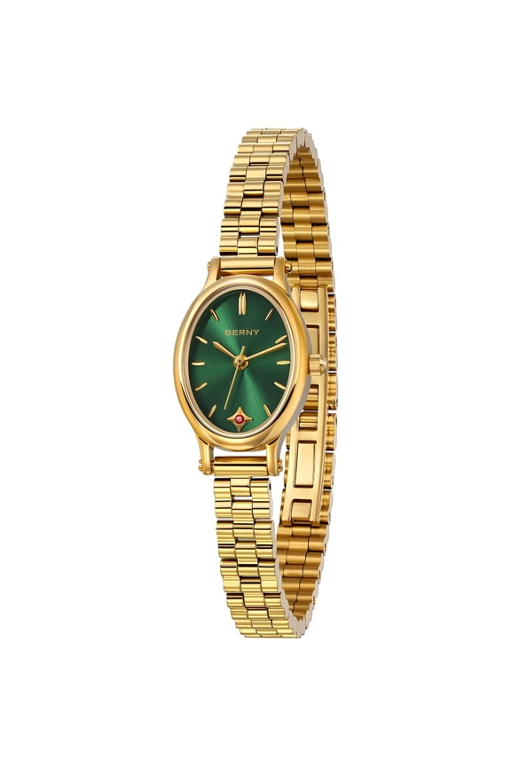 Small Gold Watches for Women, Dainty Luxury Oval Sunray Dial, Stainless Steel Bracelet Watch, Adjustment Tool Included, Waterproof, Fashion Ladies Analog Quartz Wrist Watch Gifts (Green)