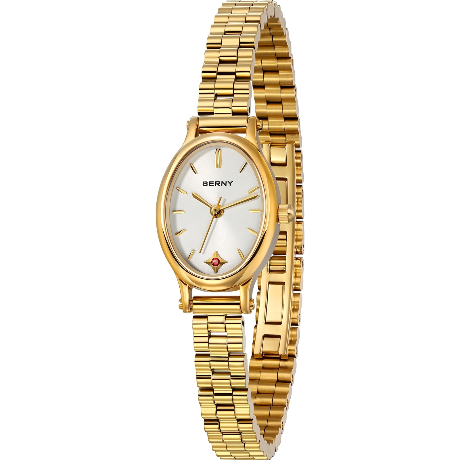 BERNY Small Gold Watches for Women, Dainty Luxury Oval Sunray Dial, Stainless Steel Bracelet Watch, Adjustment Tool Included, Waterproof, Fashion Ladies Analog Quartz Wrist Watch Gifts (White)