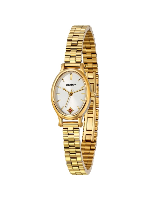 Small Gold Watches for Women, Dainty Luxury Oval Sunray Dial, Stainless Steel Bracelet Watch, Adjustment Tool Included, Waterproof, Fashion Ladies Analog Quartz Wrist Watch Gifts (White)