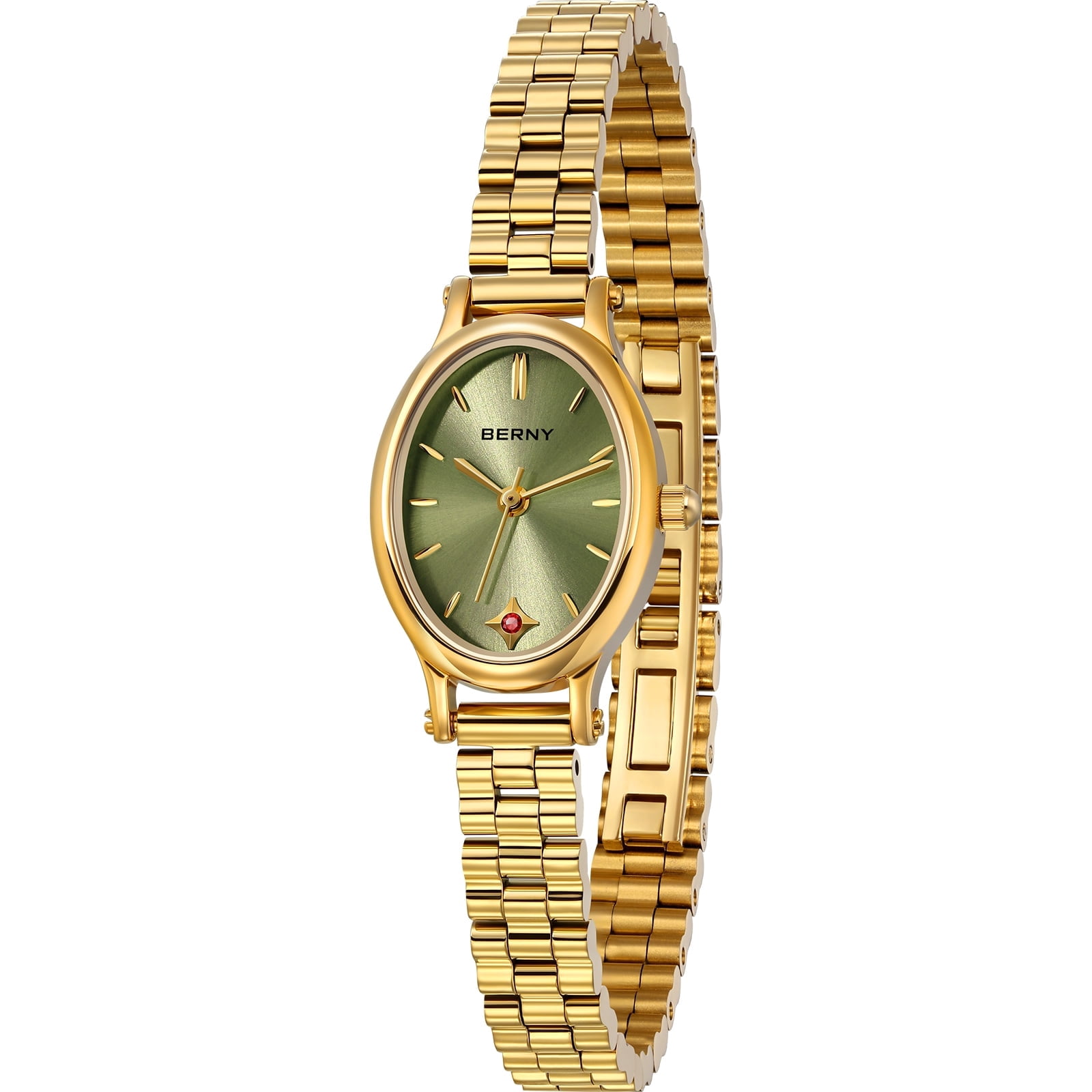 BERNY Small Gold Watches for Women, Dainty Luxury Oval Sunray Dial, Stainless Steel Bracelet Watch, Adjustment Tool Included, Waterproof, Fashion Ladies Analog Quartz Wrist Watch Gifts (Light Green)