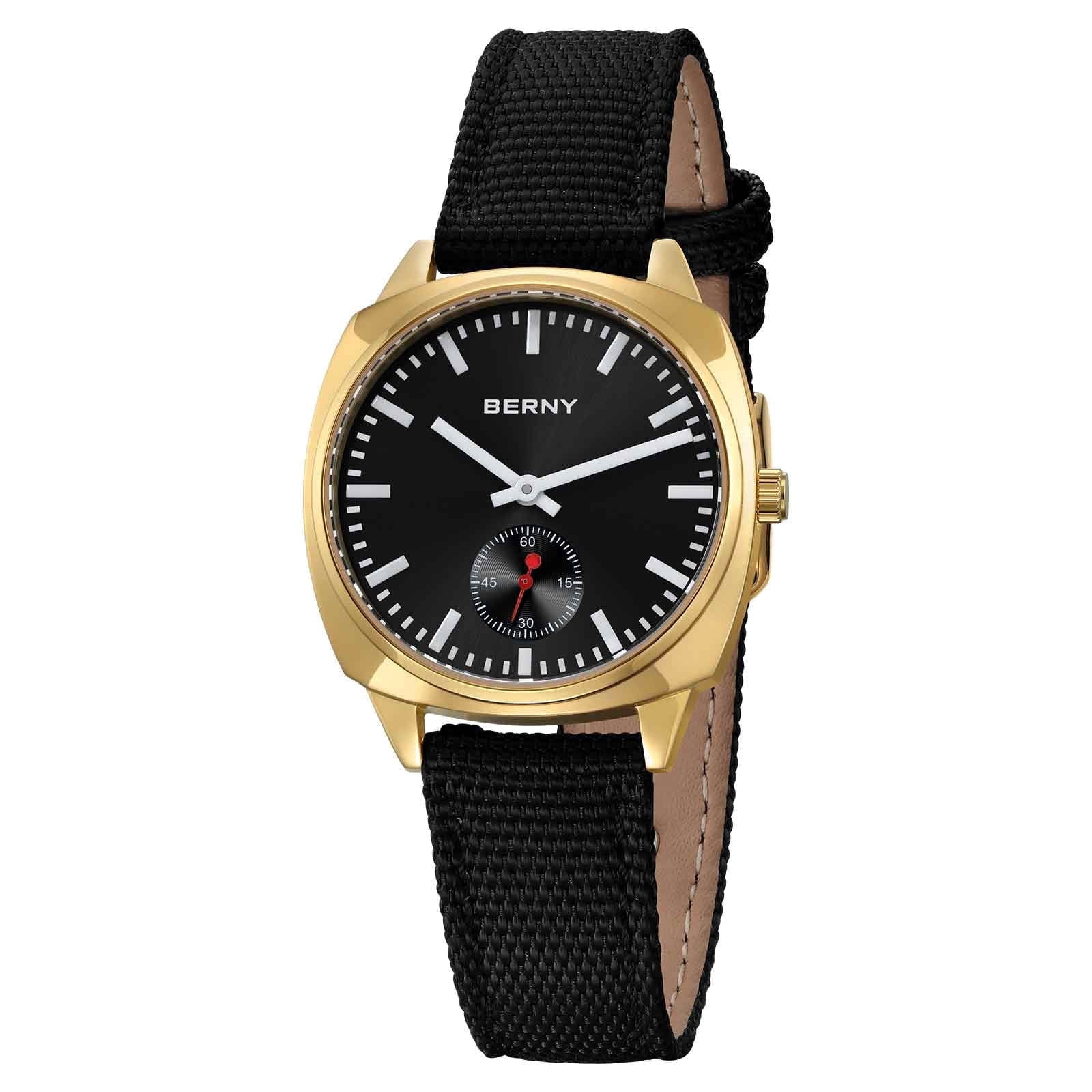 BERNY Gold Watch for Women, Casual Women Quartz Watch with Nylon Strap, Small Seconds Hand, Fashion Women's Wristwatch, Waterproof Classic Ladies Watch, Black