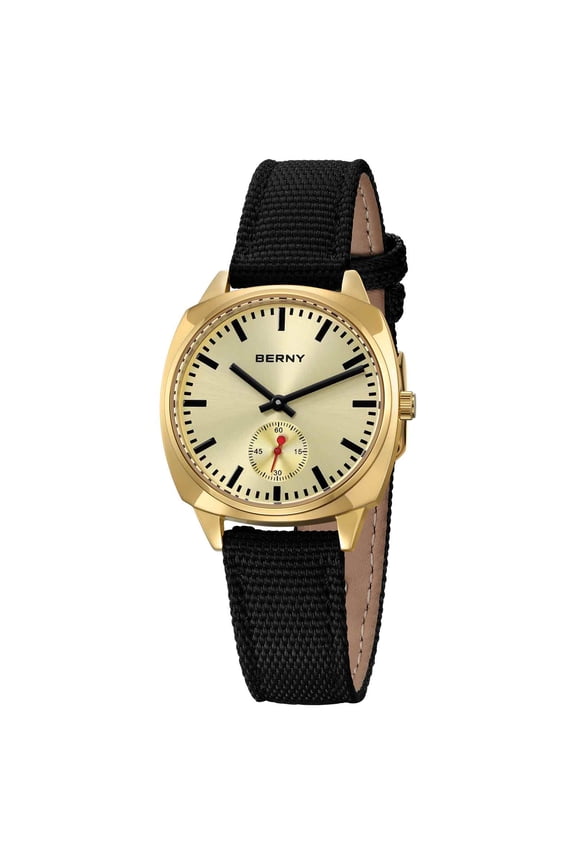 Gold Watch for Women, Classic Dressy Ladies Wristwatches with Canvas Strap, Small Sub Dial, Red Second Hand, Casual Women Watches, Gold