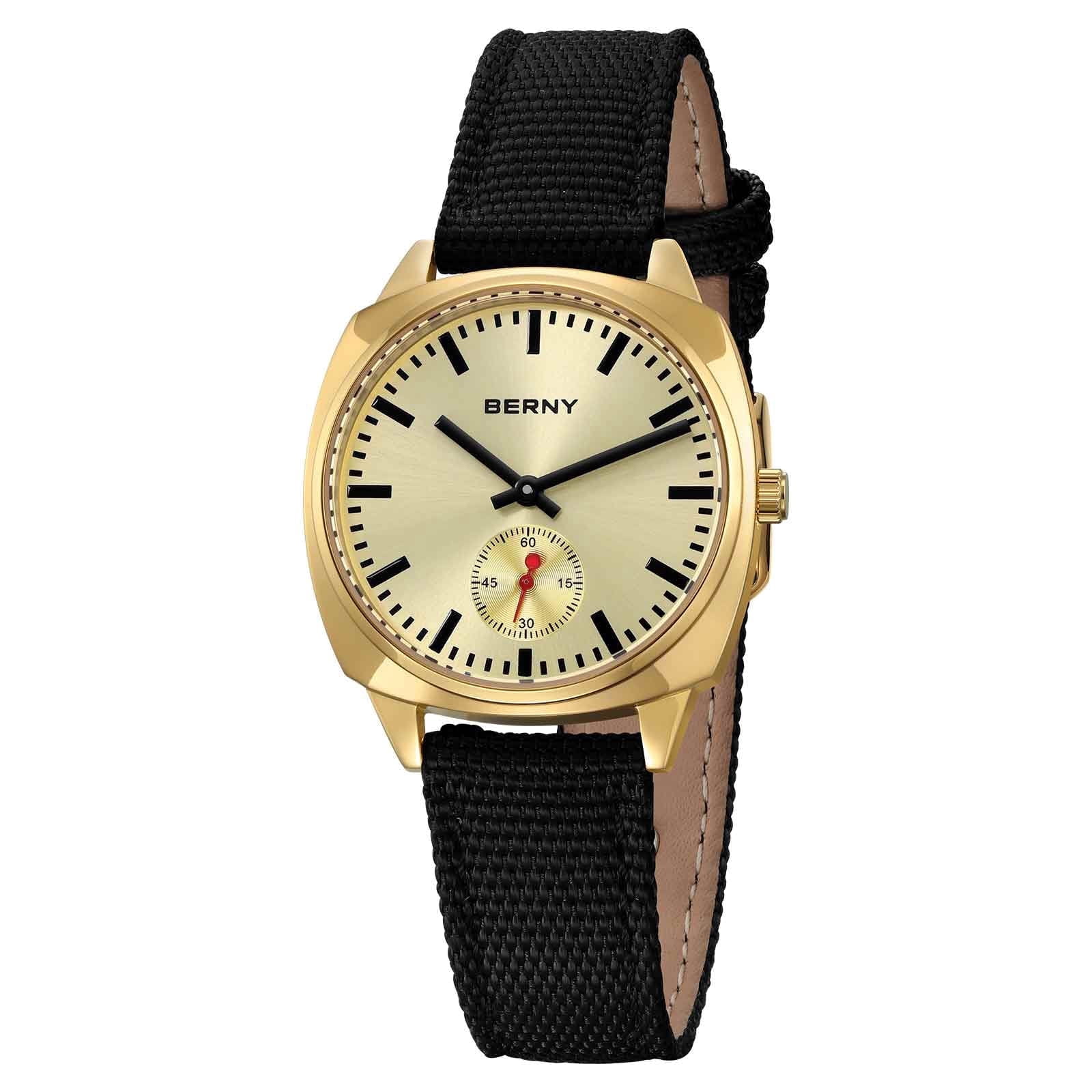BERNY Gold Watch for Women, Casual Women Quartz Watch with Nylon Strap, Small Seconds Hand, Fashion Women's Wristwatch, Waterproof Classic Ladies Watch, Gold