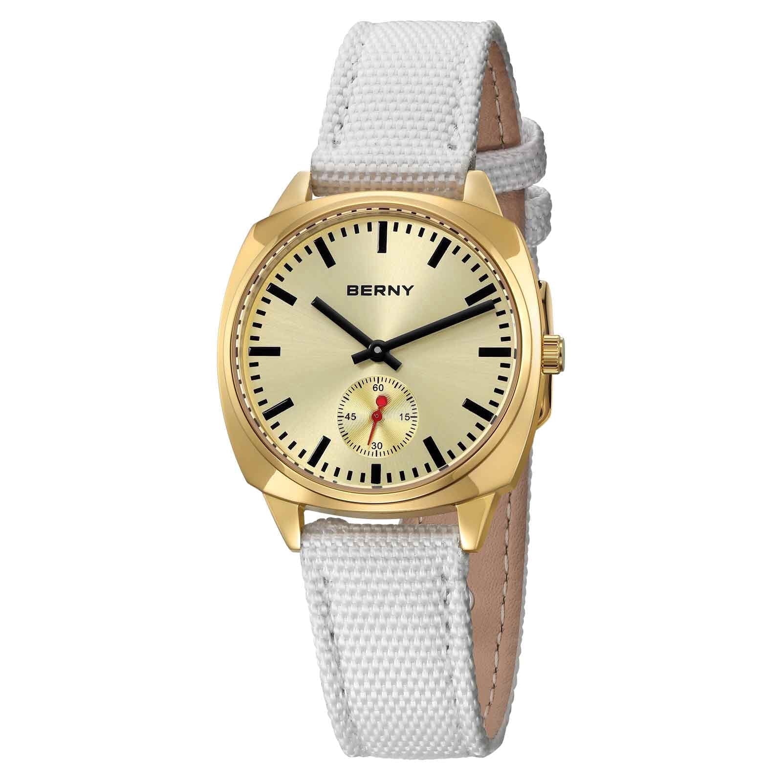 BERNY Gold Watch for Women, Casual Women Quartz Watch with Nylon Strap, Small Seconds Hand, Fashion Women's Wristwatch, Waterproof Classic Ladies Watch, Gold