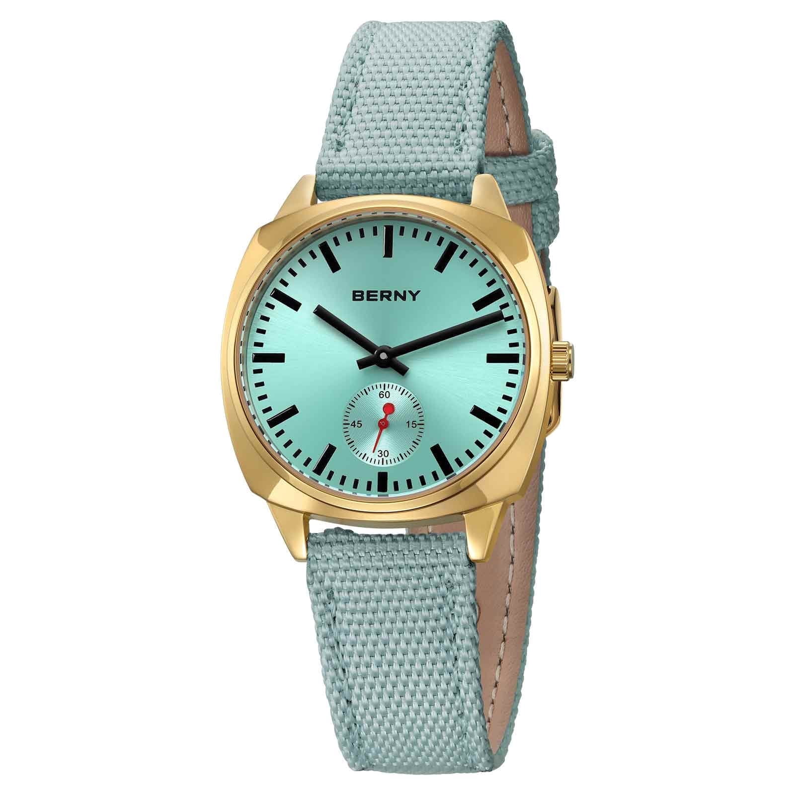 BERNY Gold Watch for Women, Casual Women Quartz Watch with Nylon Strap, Small Seconds Hand, Fashion Women's Wristwatch, Waterproof Classic Ladies Watch, Light Blue