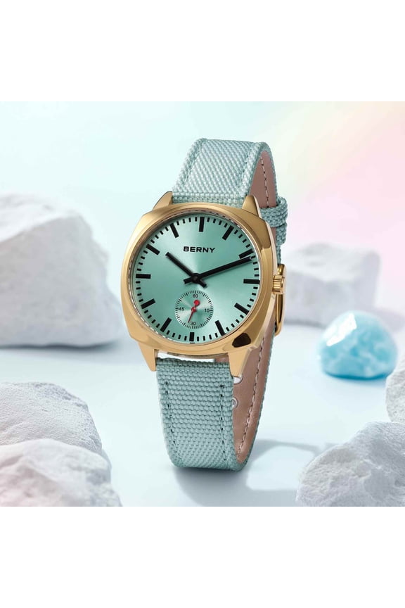 Gold Watch for Women, Classic Dressy Ladies Wristwatches with Canvas Strap, Small Sub Dial, Red Second Hand, Casual Women Watches, Light Blue