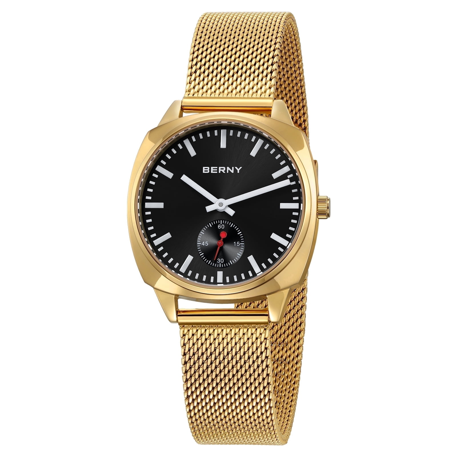 BERNY Gold Watch for Women, Casual Analog Women's Quartz Watch with Stainless Steel Mesh Band, Small Seconds Hand, 3ATM Water Resistant, Classic Ladies Wristwatch, Black