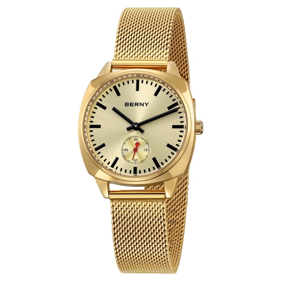 BERNY Gold Watch for Women, Casual Analog Women's Quartz Watch with Stainless Steel Mesh Band, Small Seconds Hand, 3ATM Water Resistant, Classic Ladies Wristwatch, Gold