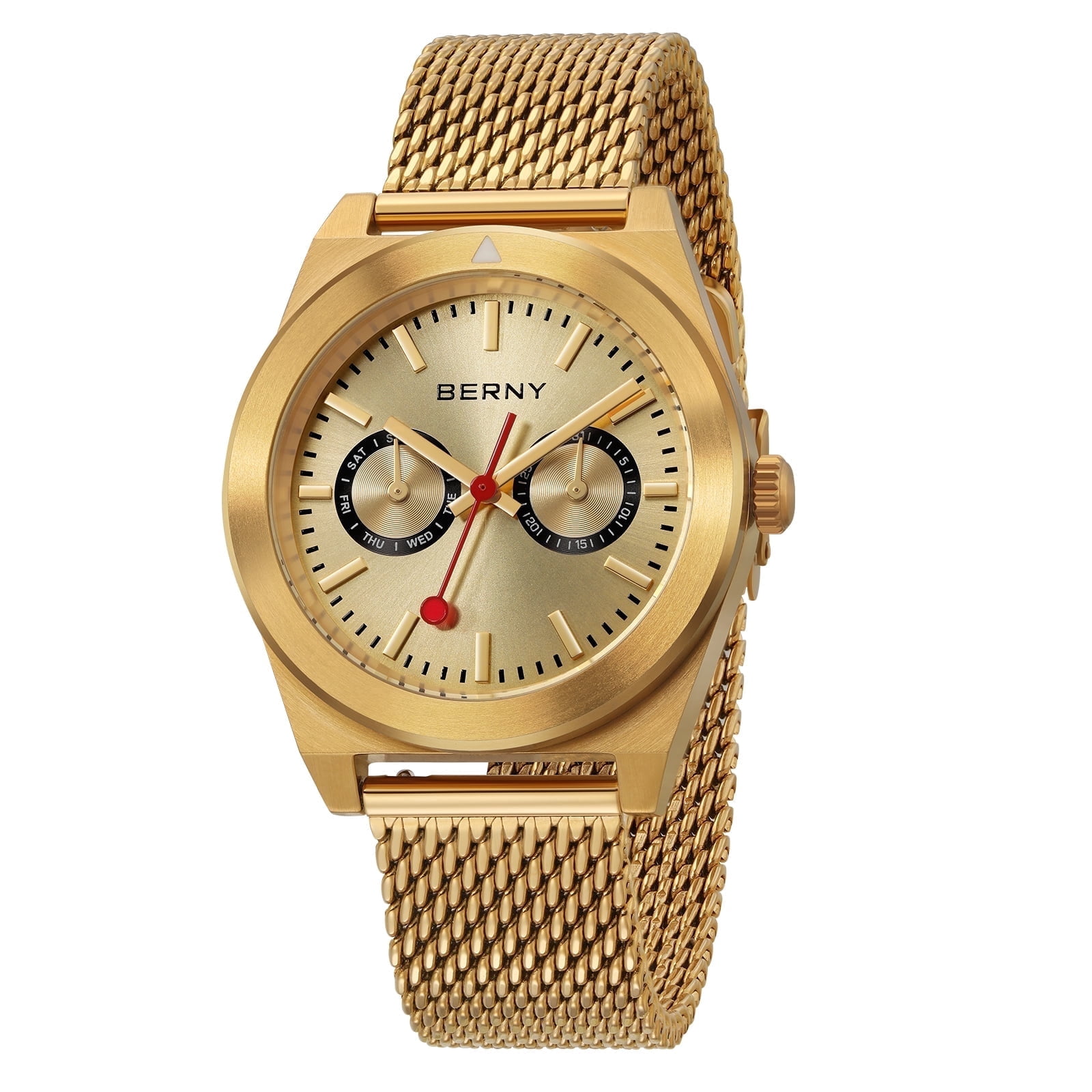 BERNY Gold Watches for Men, Classic Vintage Quartz Analog Watch with Day & Date Calendar, Stainless Steel Mesh Band, Luminous, Waterproof, Fashion Sport Casual Men's Wristwatch (Gold)