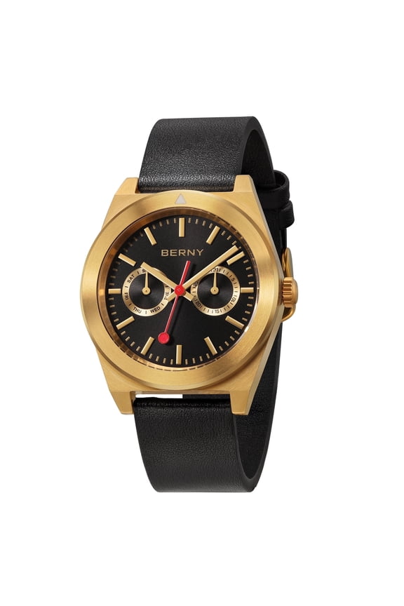 Gold Watches for Men, Classic Vintage Quartz Analog Watch with Day Date, Leather Strap, Stainless Steel, Luminous, Waterproof, Fashion Sport Casual Men's Wristwatch (Black)