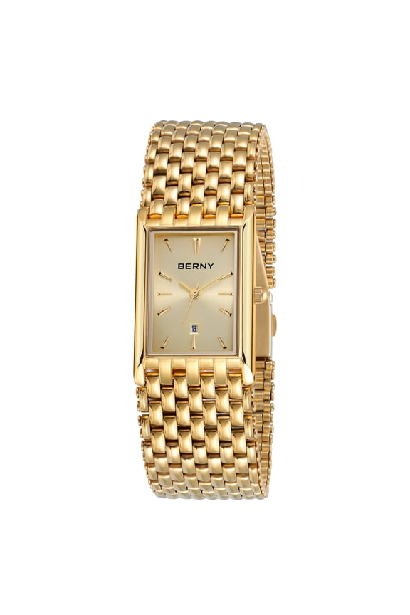 Men's Gold Rectangular Watch, Stainless Steel Band Quartz Wristwatch, Date Display, 3ATM Water Resistant, Folding Buckle, Classic Business Dress Watch for Men (Gold)