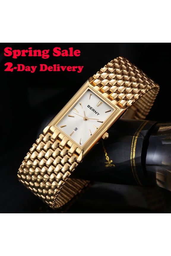 Gold Watches for Men, Fashion Men's Wrist Watch, Luxury Minimalist Quartz Analog Mens Watch with Rectangular Watch Case, Date Calendar, Stainless Steel Bracelet, Valentines Gift, White